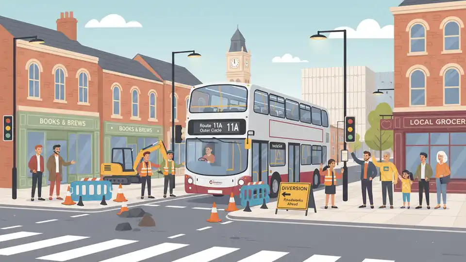 Birmingham area bus at street corner with route diversion signage during road maintenance