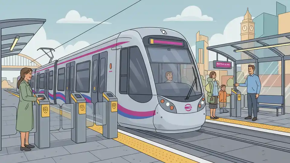 Light rail train at modern West Midlands station platform with contactless payment validators visible near entrance gates