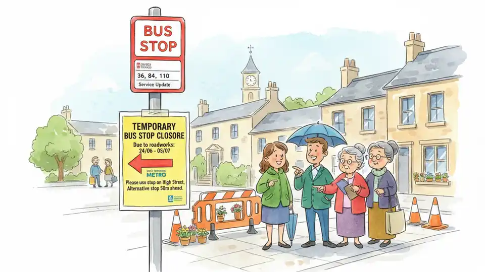 Bus stop sign with temporary closure notice and directional arrow pointing to alternate stop location