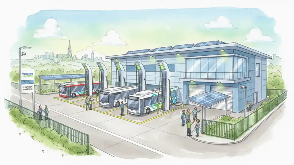 Electric bus charging station with multiple charging points and modern depot building featuring office space and maintenance facilities
