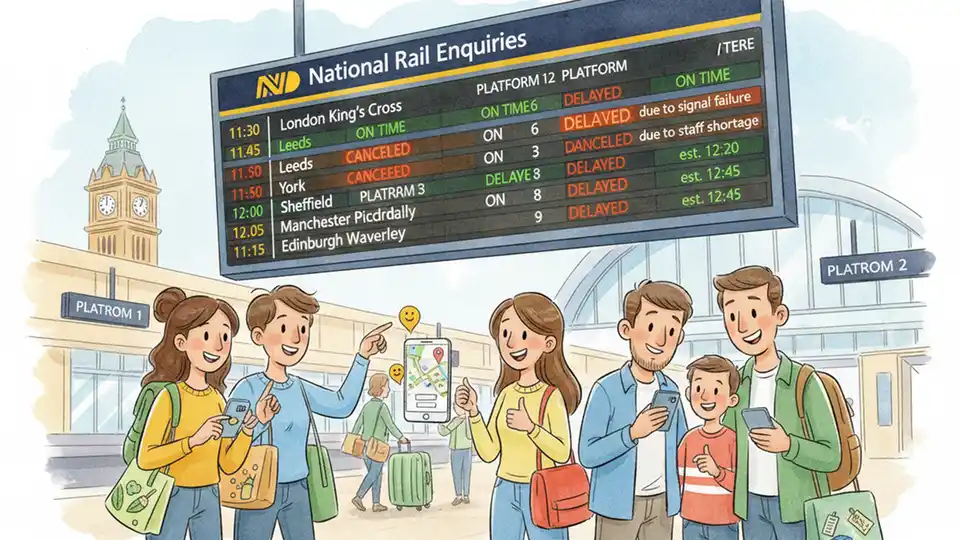 National Rail departure board showing delayed and canceled trains, passengers checking mobile phones for updates