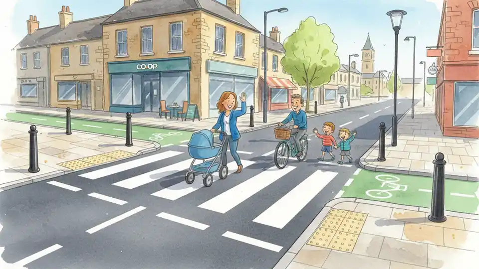 Upgraded pedestrian and cycle crossing with tactile paving and new road markings in Dewsbury town centre, showing infrastructure improvements