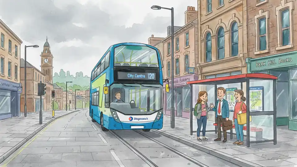 Sheffield public bus on urban street with passengers waiting at stop