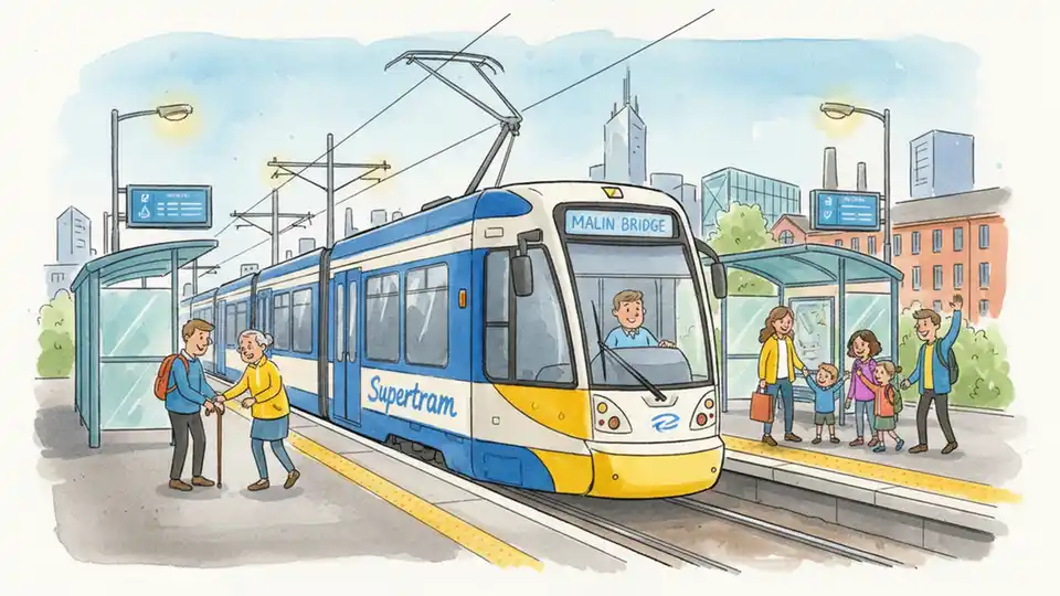 Sheffield tram at station platform with modern transit infrastructure