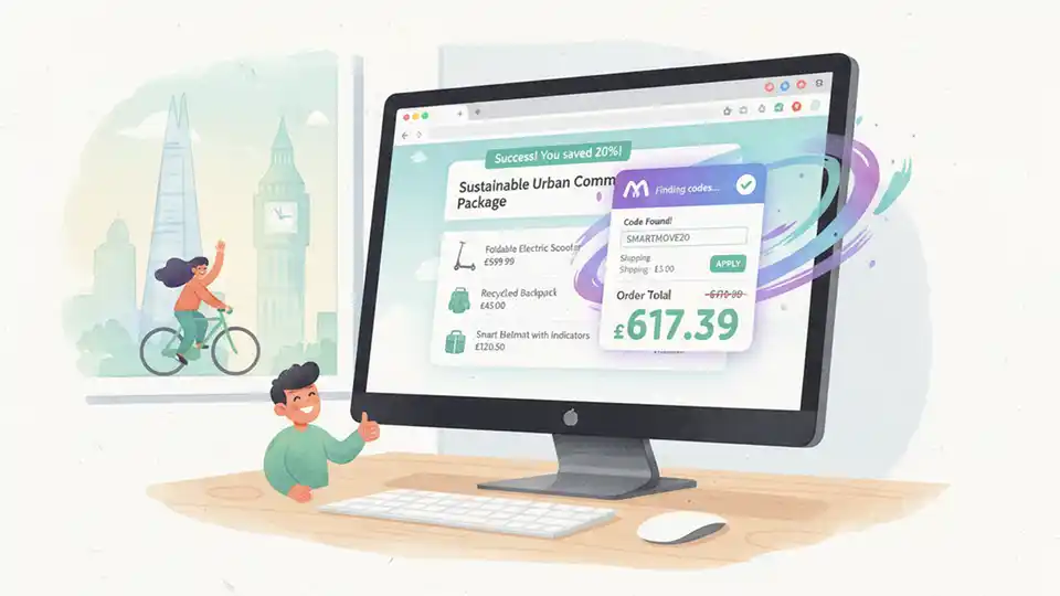 Desktop computer showing online shopping checkout page with discount code being automatically applied by browser extension