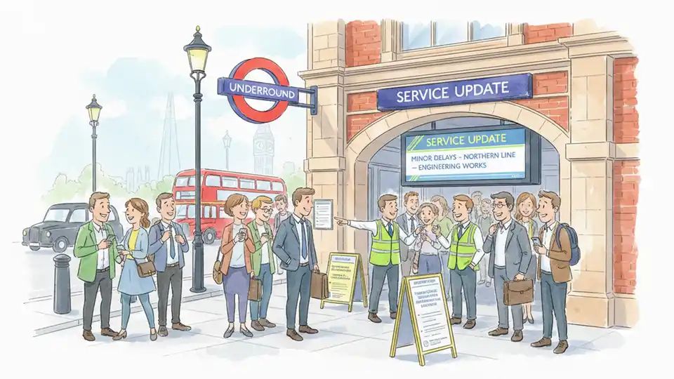 London Underground Tube station entrance with commuters during service disruption