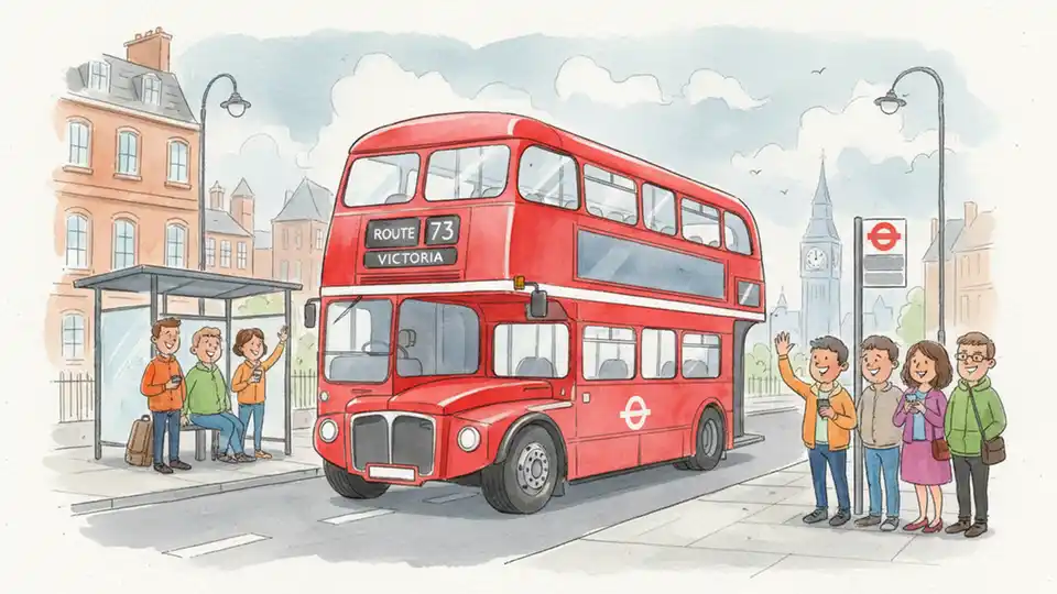 London double-decker bus at urban bus stop with passengers waiting