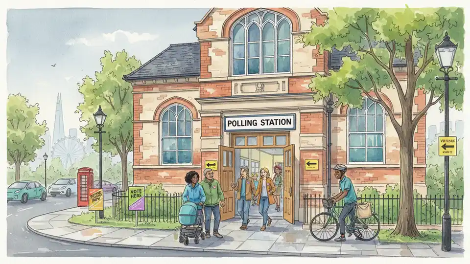 Lambeth polling station exterior with election signage, showing voters entering to cast their ballots during local elections