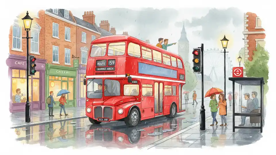 London bus traveling through light rain on city street during bank holiday weekend