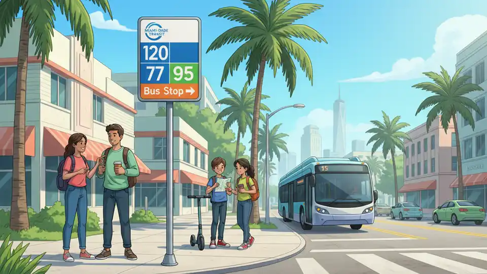 Transit stop sign with route number displayed at urban street location