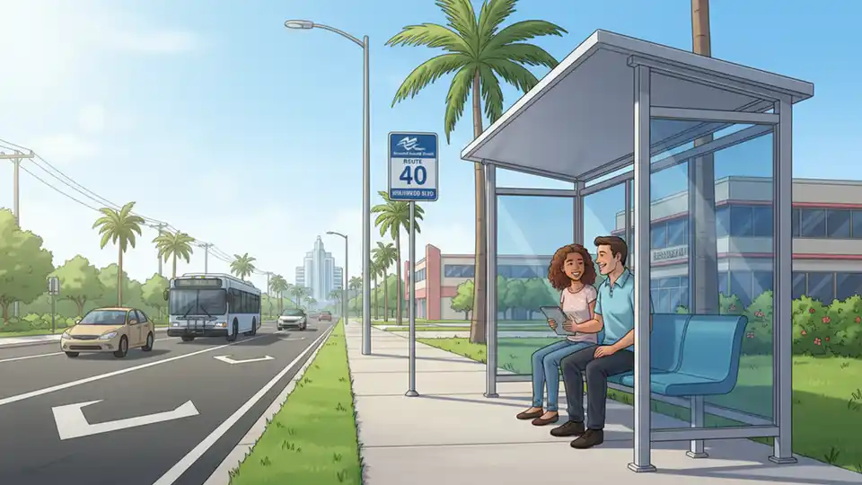 Bus stop sign and shelter on a Broward County street with traffic in background