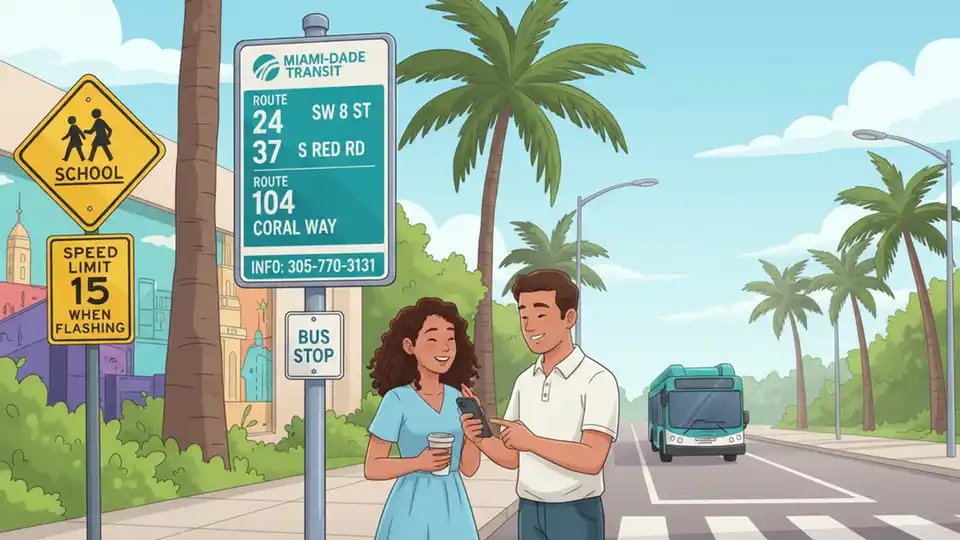 Bus stop sign showing route information with school zone traffic signs visible in background on urban street