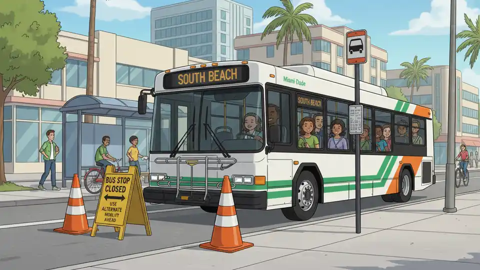Transit bus passing closed bus stop with orange construction cones and detour signage