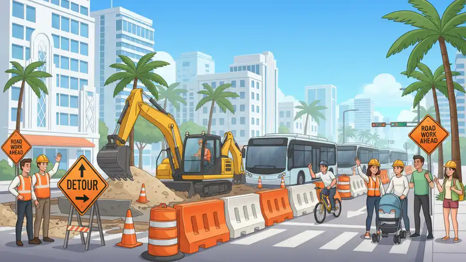 Construction equipment and road work barriers on urban street with detour signs