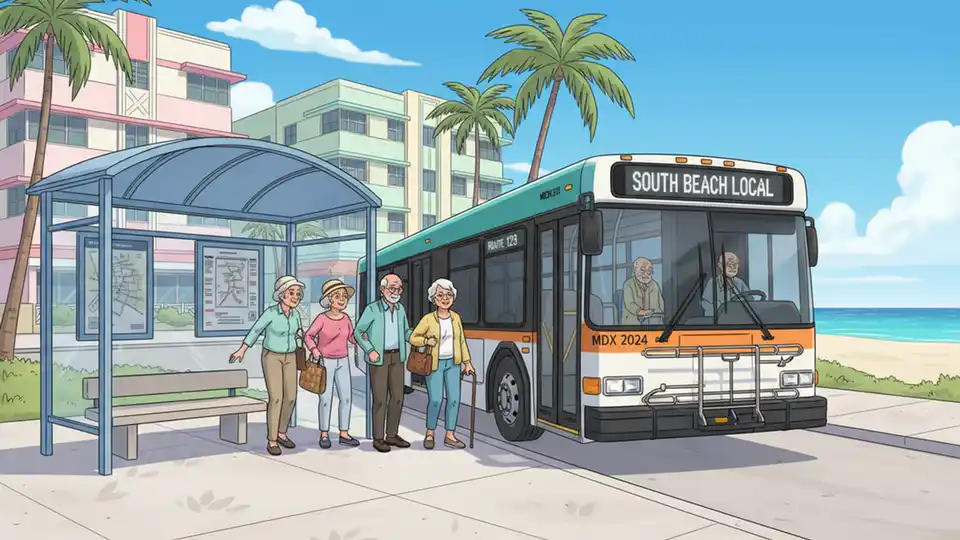 South Beach Local bus at transit stop with seniors boarding near coastal area