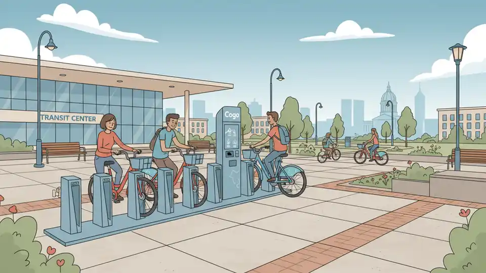 Bike share station with multiple bicycles docked at urban plaza with transit center in background