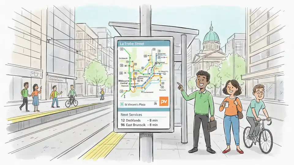 Melbourne tram route map display showing La Trobe Street corridor with multiple tram routes, clear wayfinding signage at city stop