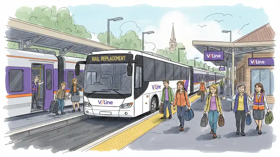 Replacement coach bus at V/Line station with passengers transferring from train service