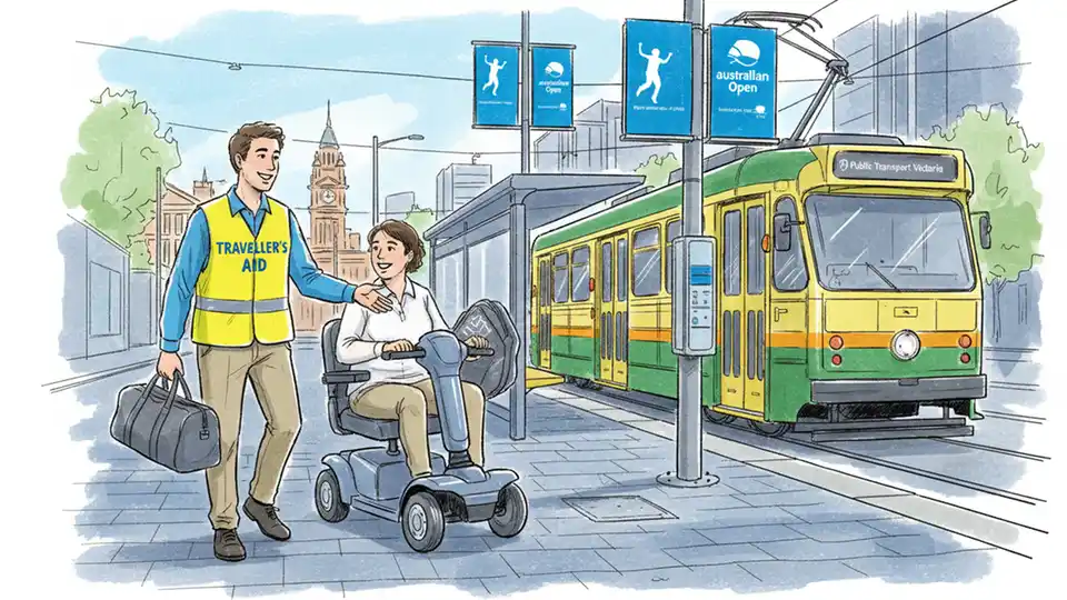 Traveller's Aid staff member assisting passenger with mobility device near Melbourne tram stop with Australian Open signage visible