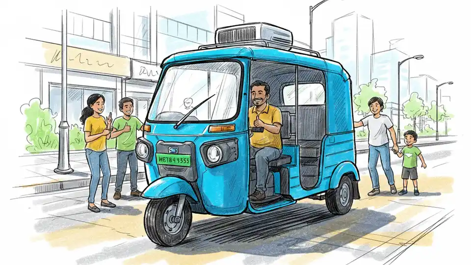 Moderna plava električna auto-rikša sa zelenom registarskom pločicom parkirana u ulici Gurugram, s vidljivim klima uređajem, pod jakim ljetnim sunčevim svjetlom