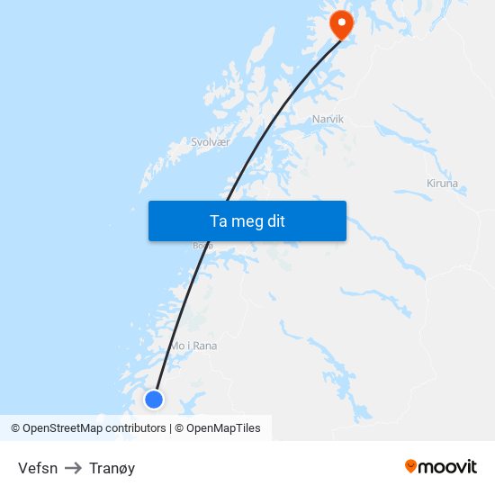 Vefsn to Tranøy map
