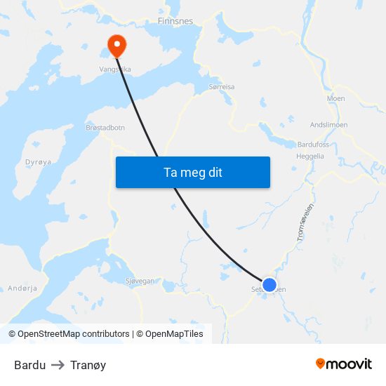 Bardu to Tranøy map