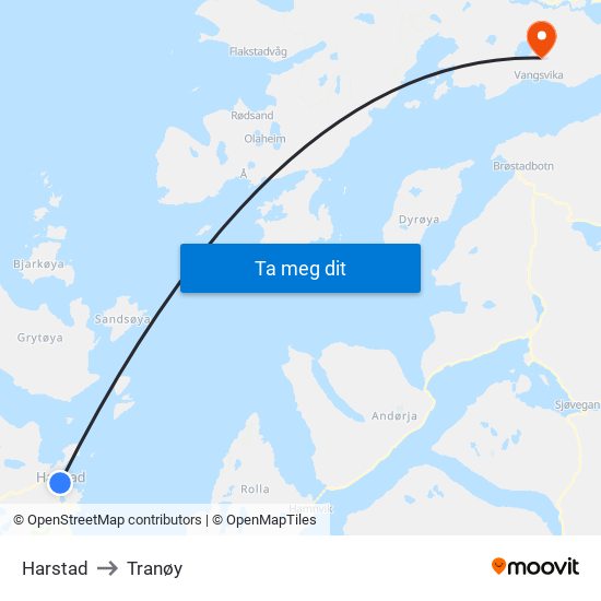 Harstad to Tranøy map