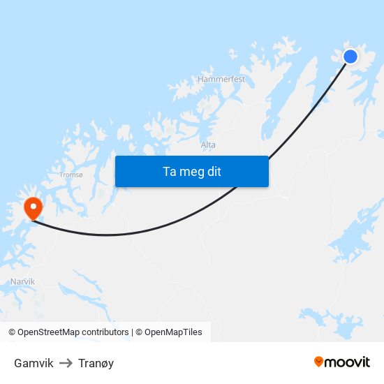 Gamvik to Tranøy map