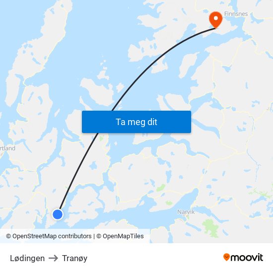 Lødingen to Tranøy map