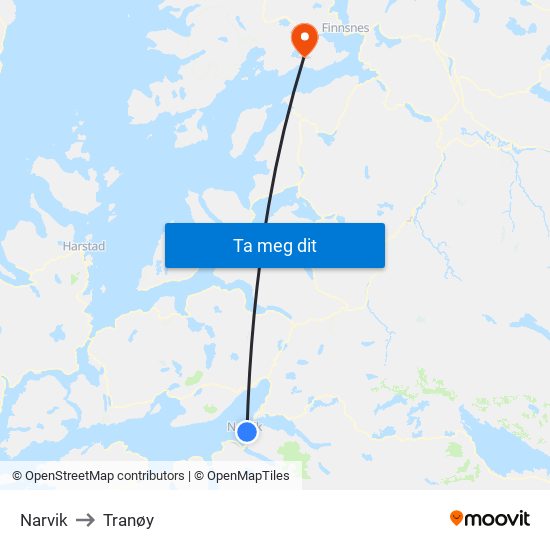 Narvik to Tranøy map