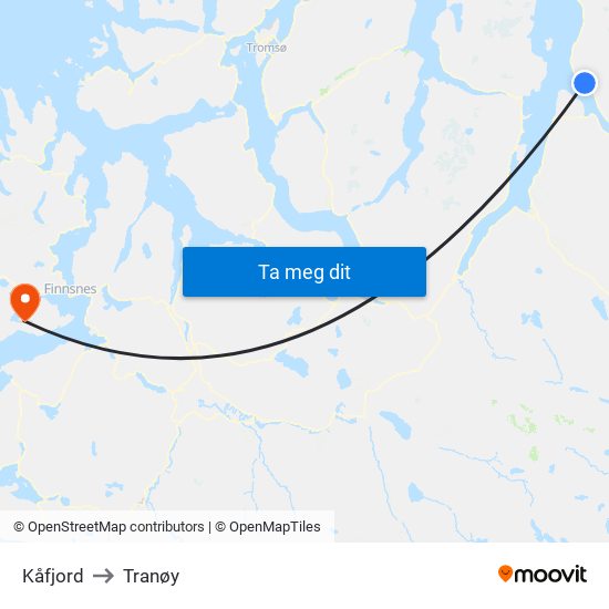 Kåfjord to Tranøy map