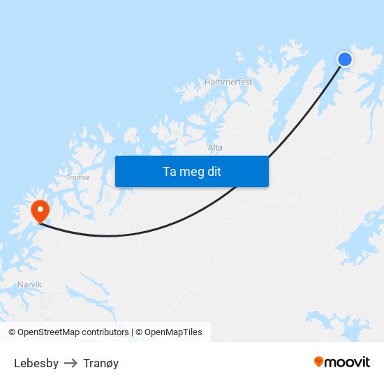 Lebesby to Tranøy map