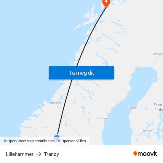 Lillehammer to Tranøy map