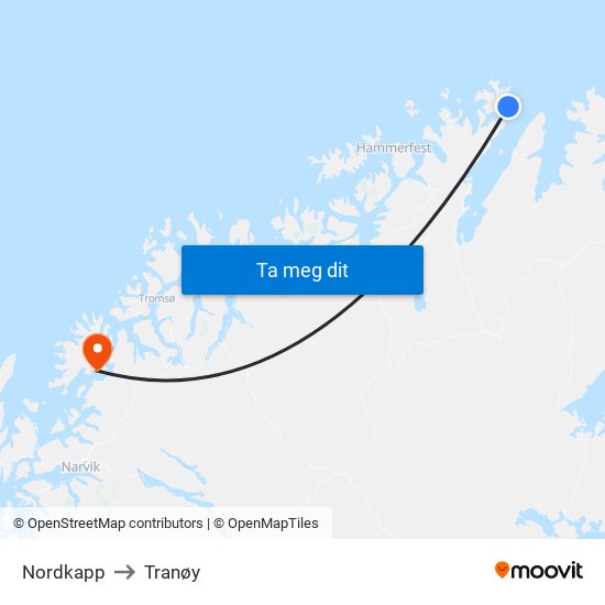 Nordkapp to Tranøy map