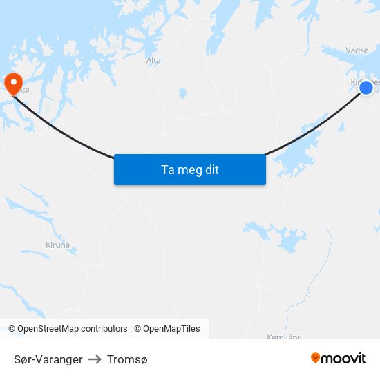 Sør-Varanger to Tromsø map