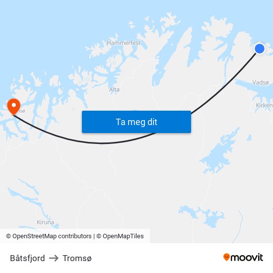 Båtsfjord to Tromsø map