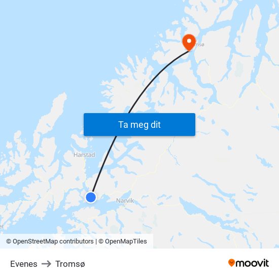 Evenes to Tromsø map