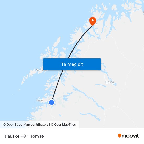 Fauske to Tromsø map