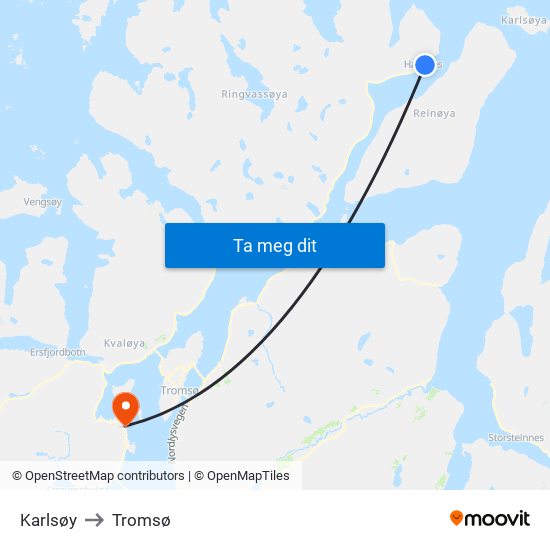 Karlsøy to Tromsø map