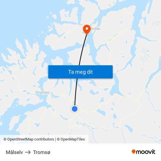 Målselv to Tromsø map