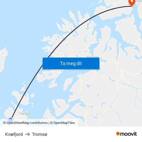 Kvæfjord to Tromsø map