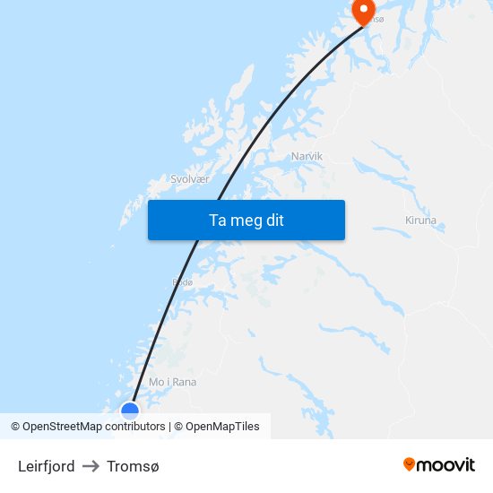 Leirfjord to Tromsø map