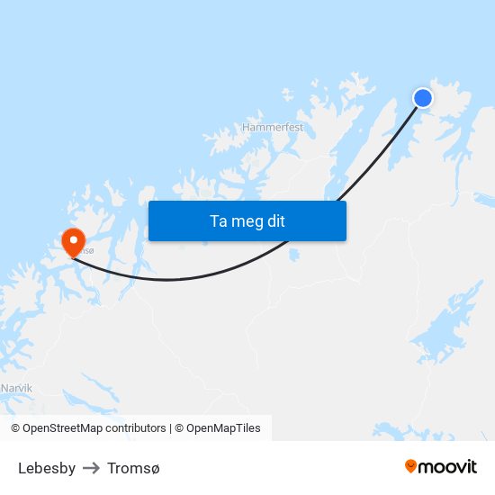 Lebesby to Tromsø map