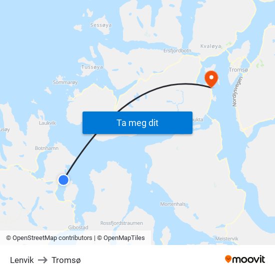 Lenvik to Tromsø map