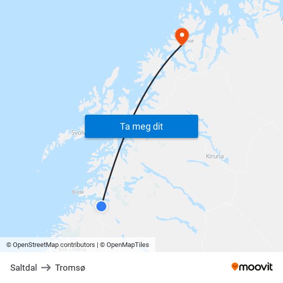 Saltdal to Tromsø map