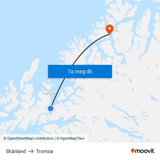 Skånland to Tromsø map