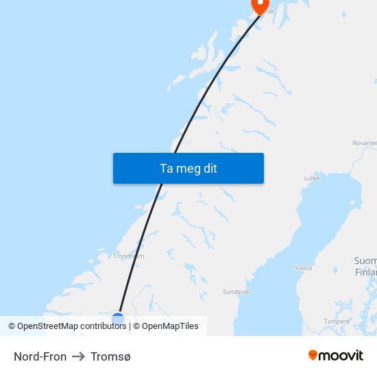 Nord-Fron to Tromsø map