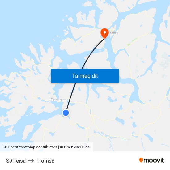 Sørreisa to Tromsø map