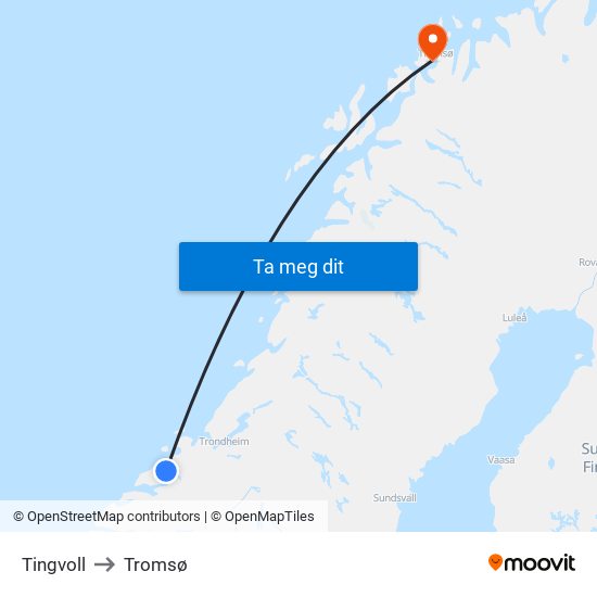 Tingvoll to Tromsø map