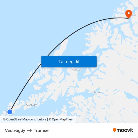 Vestvågøy to Tromsø map